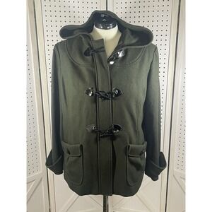 Guess Green Hood Wool Coat Blend With Black Toggle Buttons  Zip Size XL Pea Coat
